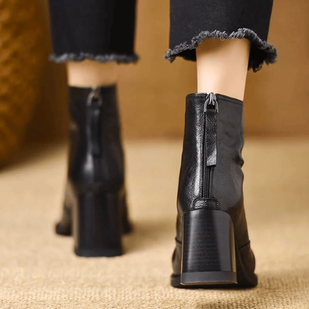 Claudia Luxe Mid-Heel Leather Ankle Boots